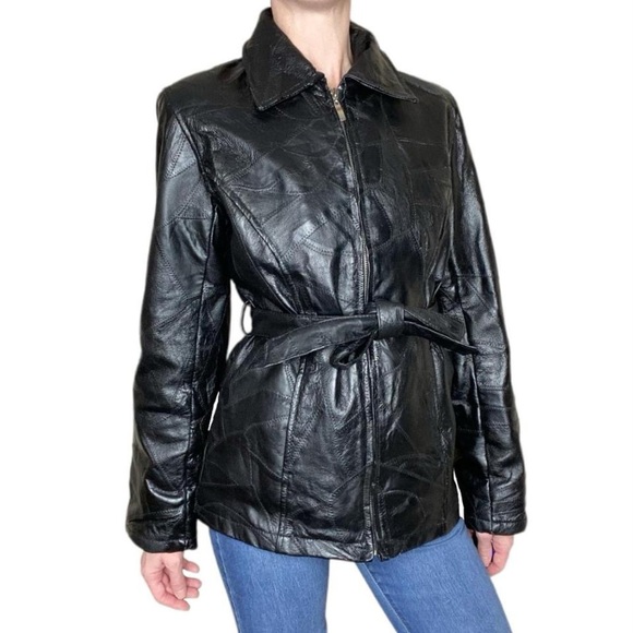 Vintage Leather Works Black Patchwork Leather Waist Tie Jacket - Picture 1 of 8
